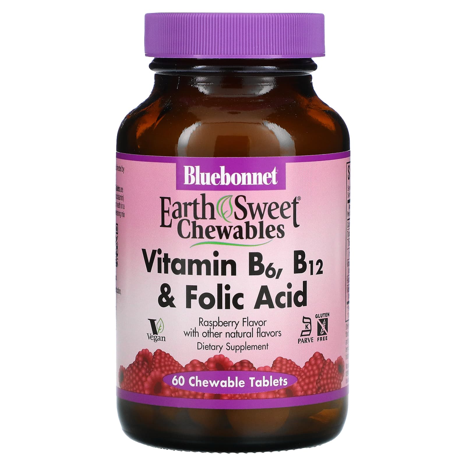 Bluebonnet, Vitamin B6, B12 & Folic Acid, Earth Sweet Chewables, Raspberry Flavor, 60 Chewables UPC 743715004450 | HiLife Vitamins